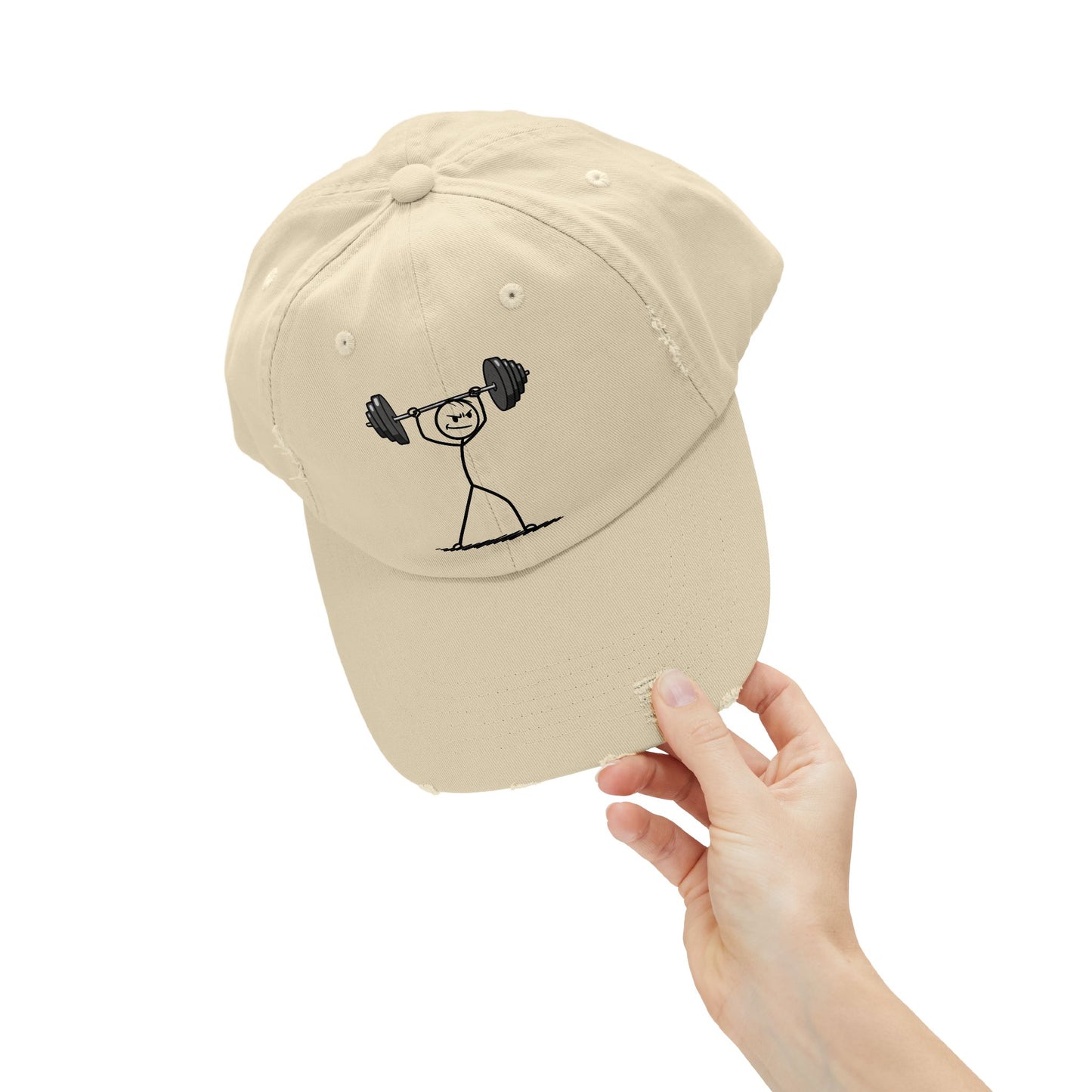 Unisex Distressed Cap with Weightlifter Design