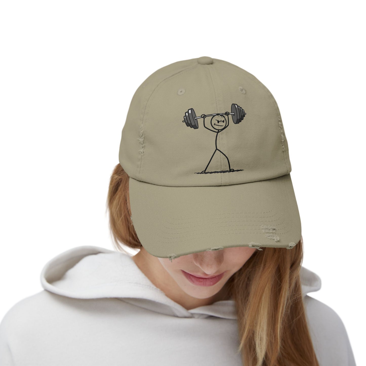 Unisex Distressed Cap with Weightlifter Design