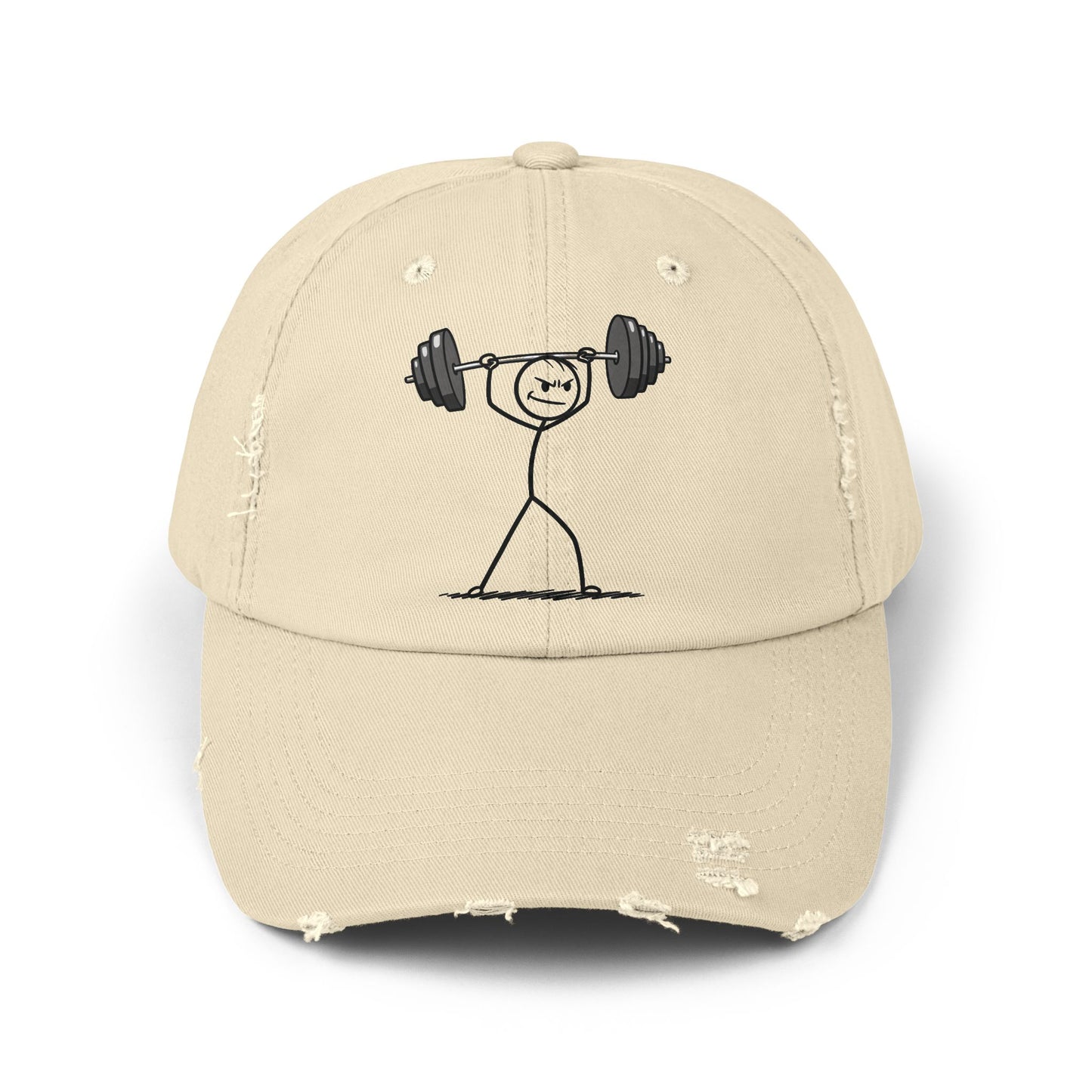 Unisex Distressed Cap with Weightlifter Design