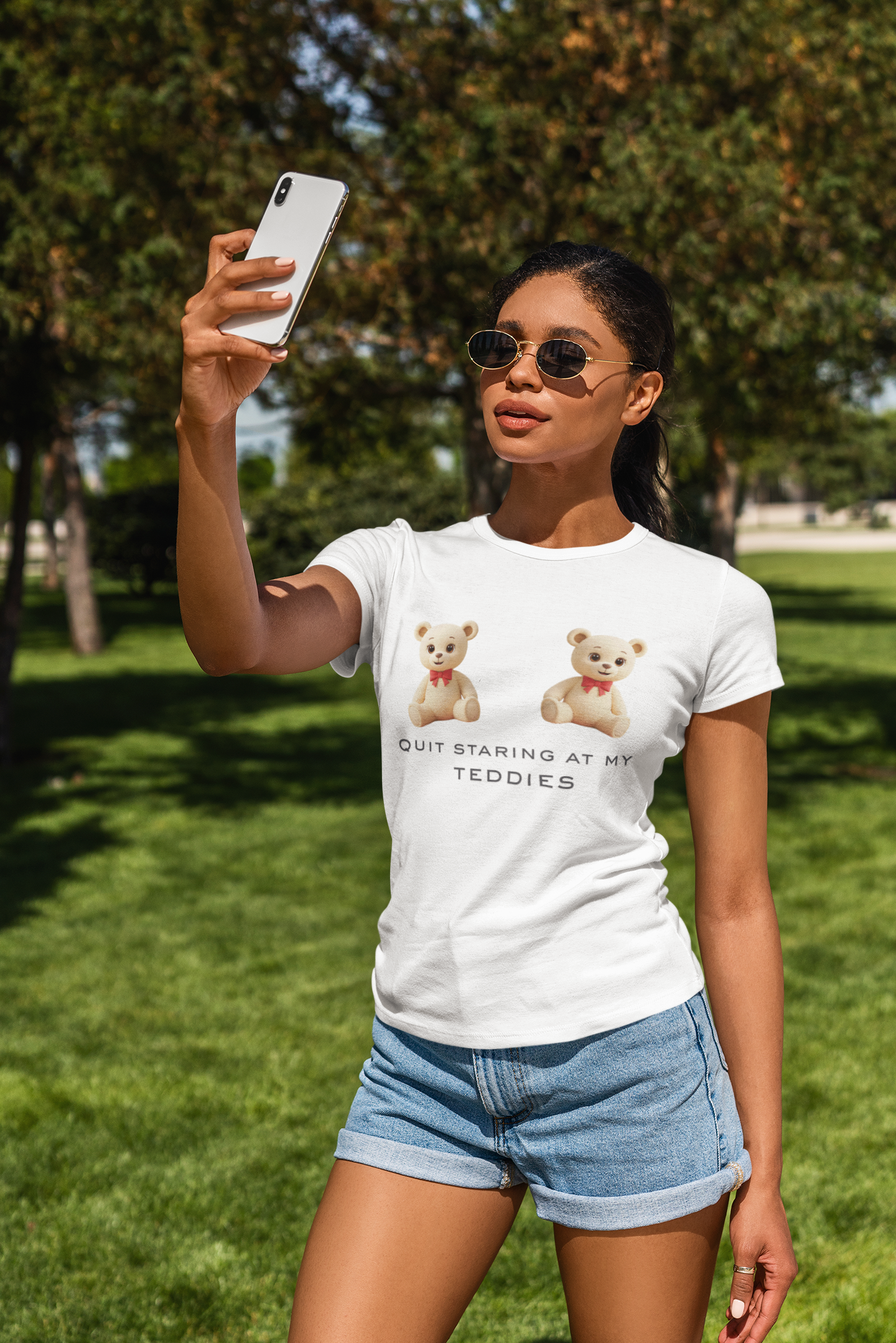 Cute women's fitted Bear Graphic Tee - 'Quit Staring at My Teddies'